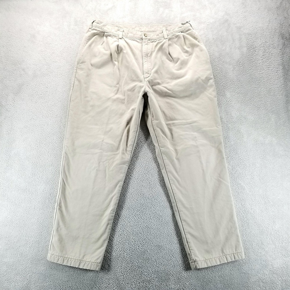 VTG LL Bean Pants Mens 38x30‎ Beige Flannel Lined Pleated Khakis USA 90s